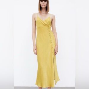 Zara Buttoned Silky Slip Dress Mustard Size Medium EUC